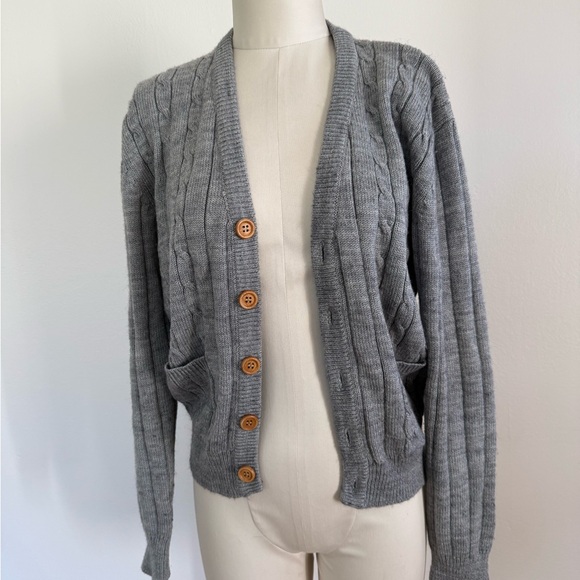 🤎 Vintage Campus Cable Knit Cardigan | Gray Grandpa Sweater | Button Front - Picture 3 of 5